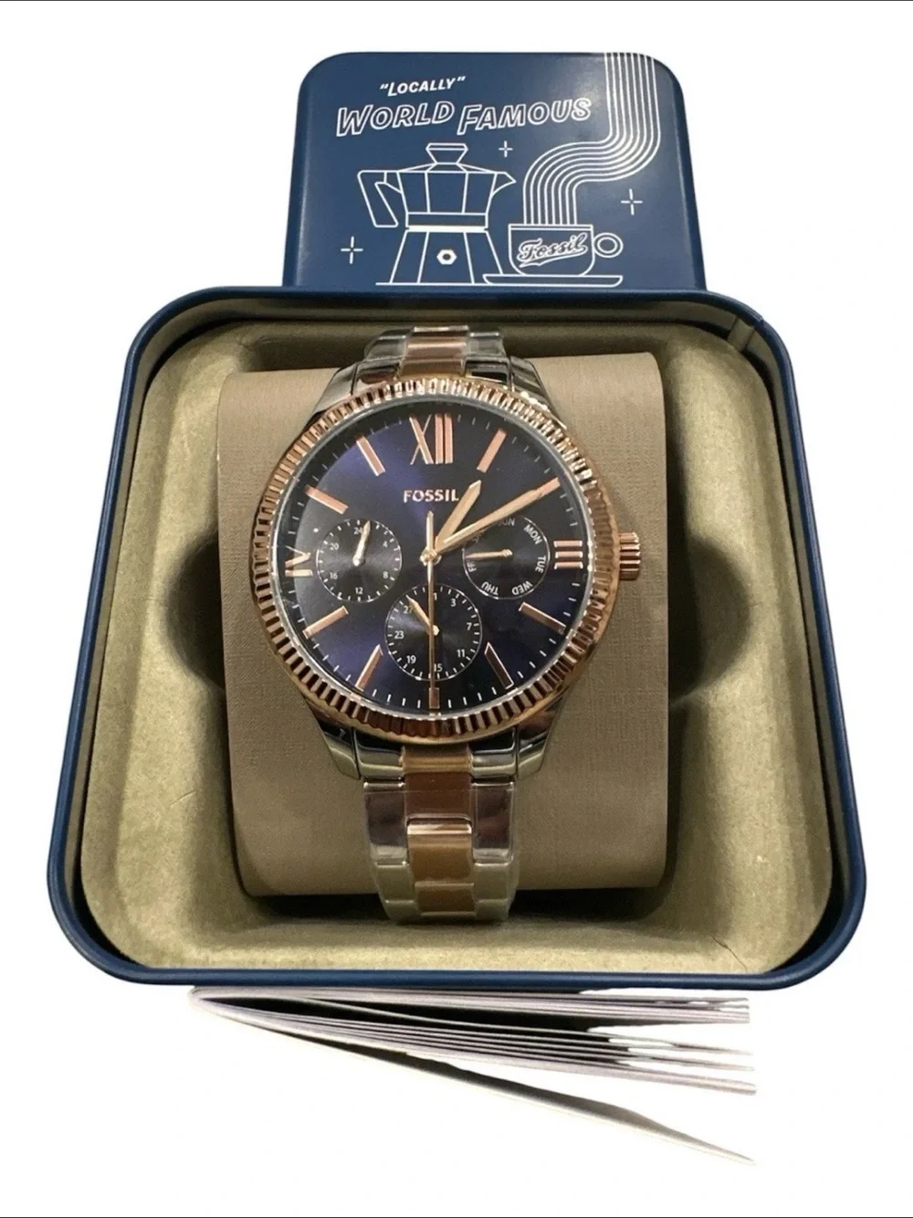 Fossil BQ7097 Men's Multifunction Watch Navy Dial Gold Two-Tone Steel NEW